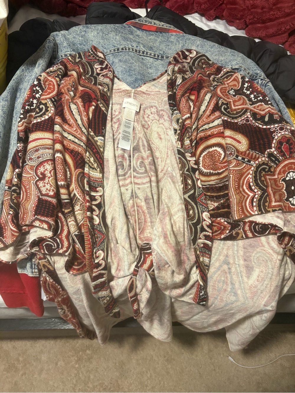 Chico's Vintae Red Multi Paisley Open-Front Cardigan